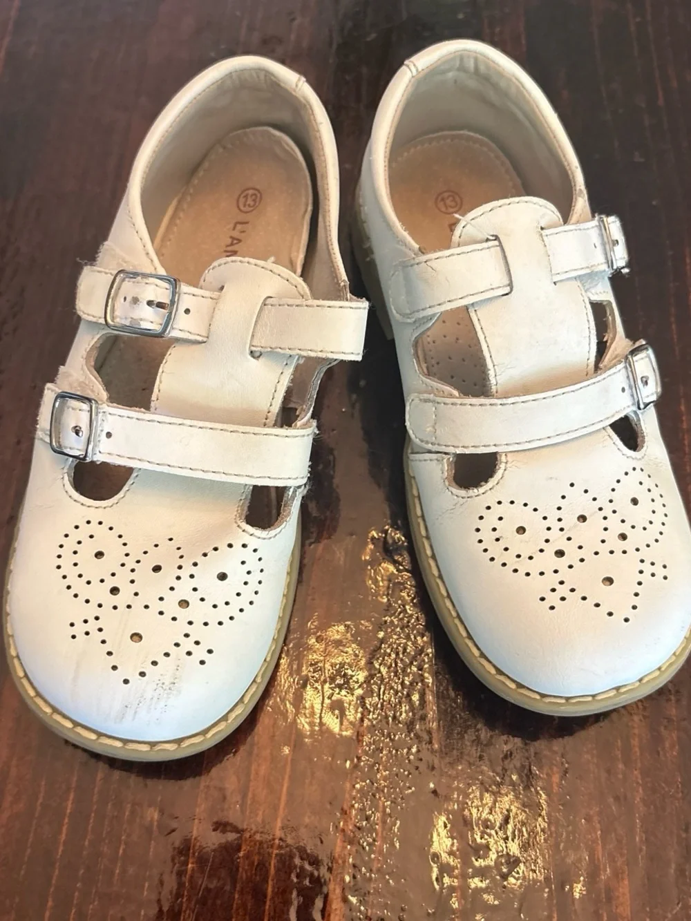 L'Amour Cream Girls Double-Strap Perforated Mary Jane Shoes
